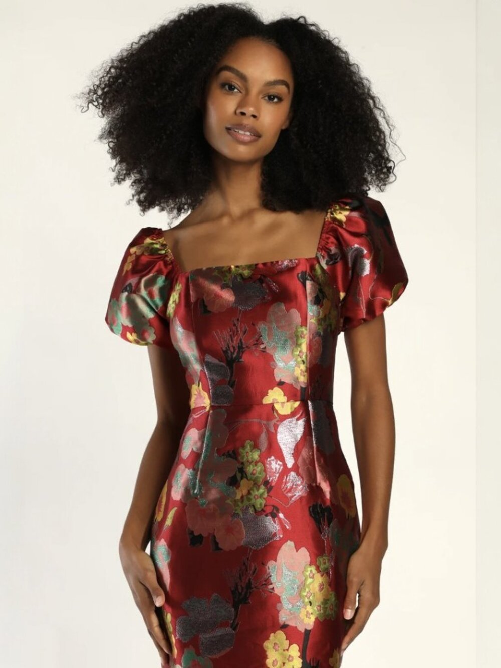 NWT Lulus So Stunning Red Multi Floral Jacquard Puff Sleeve Mini Dress (size XS) - Picture 2 of 8